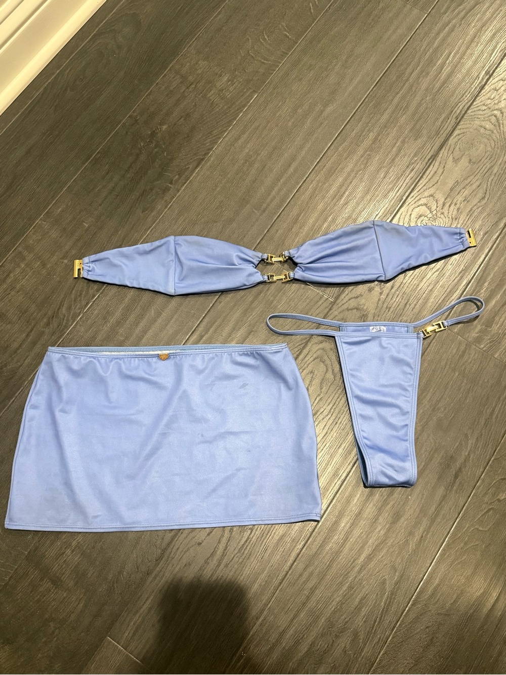 Lilac Blue Three-Piece Bikini Set with Skirt